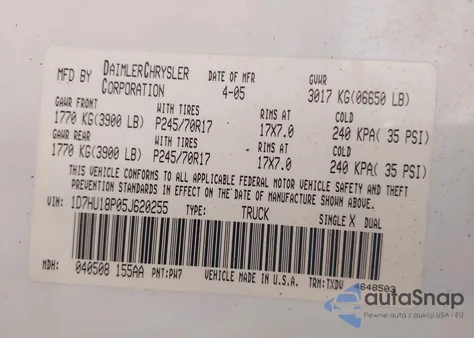 2005 Dodge Ram 1500 St/Slt z USA, uszkodzony, nr VIN 1D7HU18P05J620255